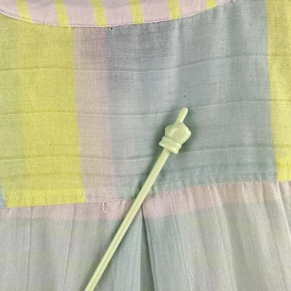 Lane Bryant Pastel Shirt 14/16 Yellow Teal Roll Tab Sleeve Sheer Spring Light - Picture 8 of 8